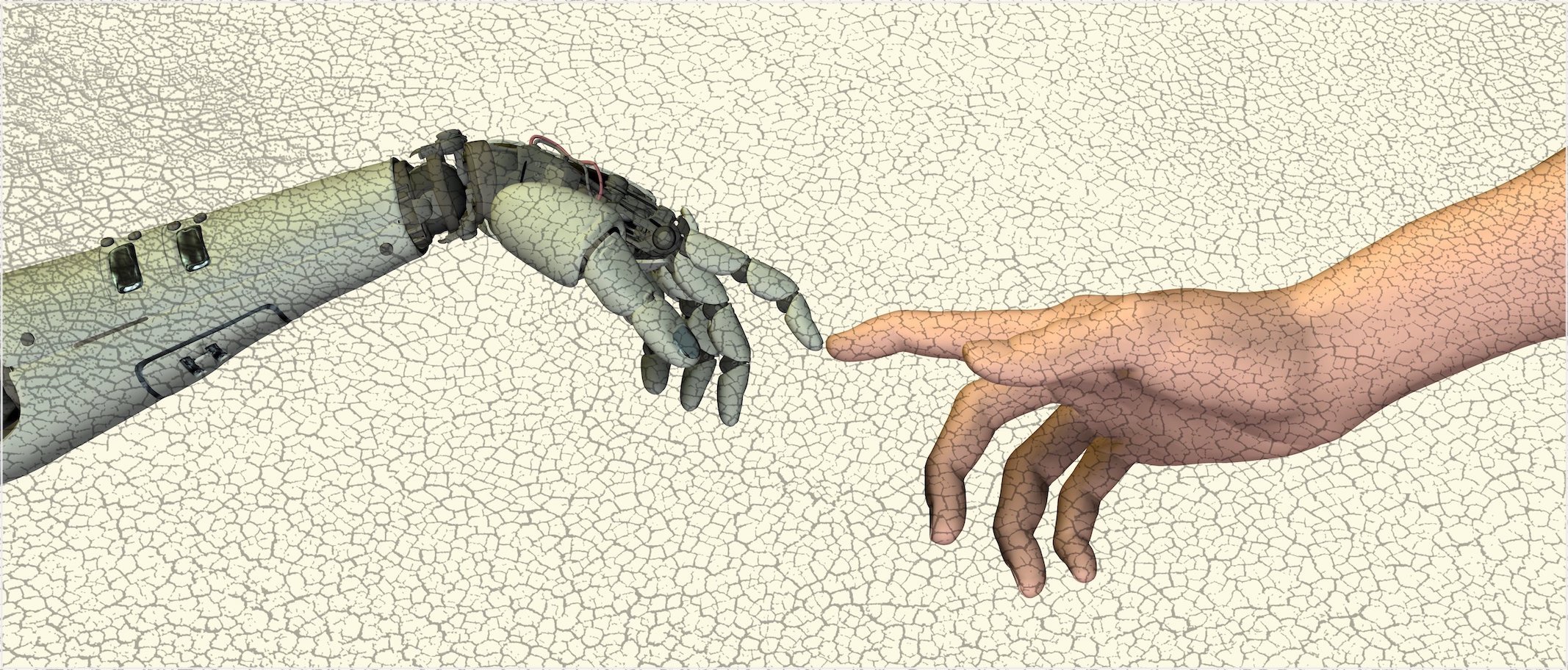 Artificial intelligence, artwork Artificial intelligence, conceptual computer artwork. Human hand (right) touching fingers with a robot's hand (left), mimicking Michelangelo's painting The Creation of Adam (in the Sistine Chapel, Rome, Italy) where two pointing hands meeting signify the biblical story of the creation of Adam by God. This image could symbolise humans creating robots.